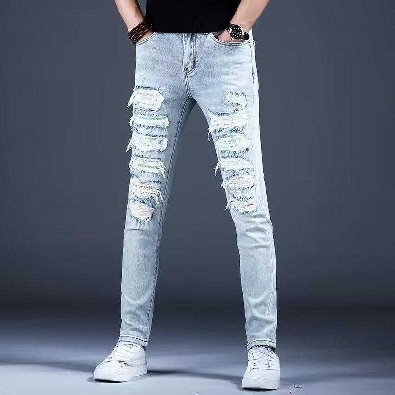 Light Blue Ripped Jeans Vintage High Street Trousers Vintage Washed Old Zip Narrow Straight Trousers