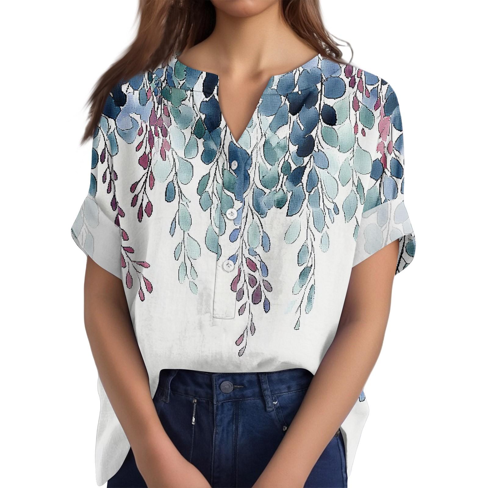 

Женская хлопково-льняная футболка с круглым вырезом, коротким рукавом и пуговицами, футболка с принтом XL небесно-голубой