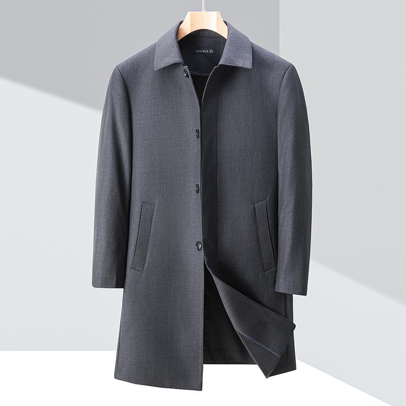 Middle-aged Buttoned Windbreaker Men's Mid-length Daddy Wool Lapel Coat Autumn and Winter New Loose Business Coat