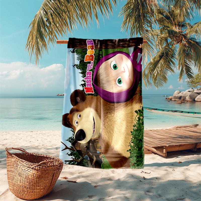 Fairy Tale Cute Cartoon Masha and the Bear Beach Towel, Outdoor Camping Beach Towel for Vacation Swimming, Outdoor Pool, Absorbent Bath Towel, H8