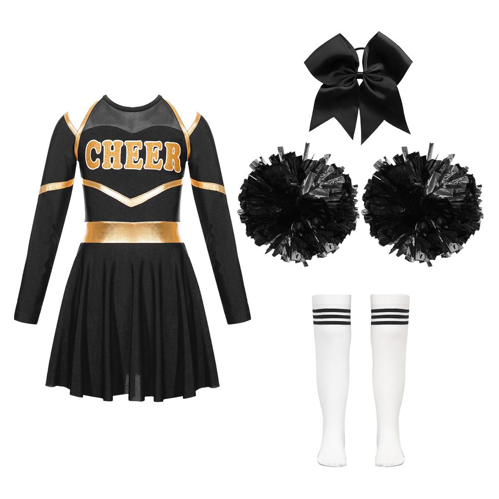 Girl Cheerleading Costumes Dance Uniform Long Sleeves Dance Dress with Hand Flowers Headwear Striped Socks for Stage Performance