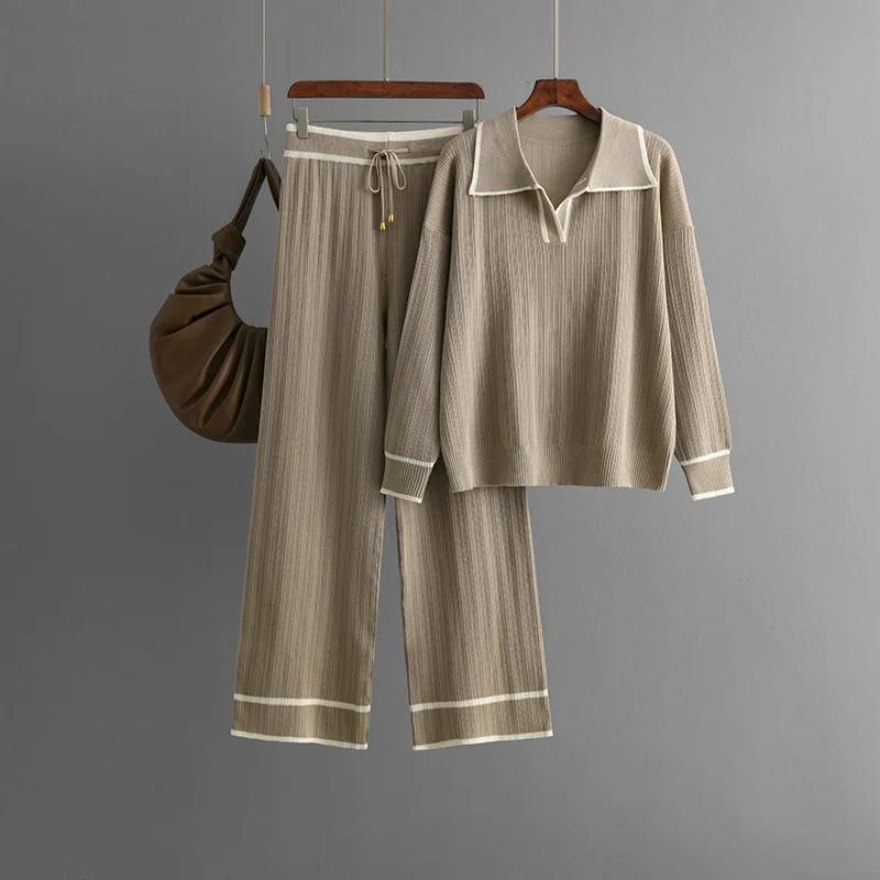 

Осенне-зимний женский комплект из 2 предметов, трикотажный спортивный костюм, свитер с воротником-поло и прямые спортивные штаны, женские наряды, пуловер One Size хаки