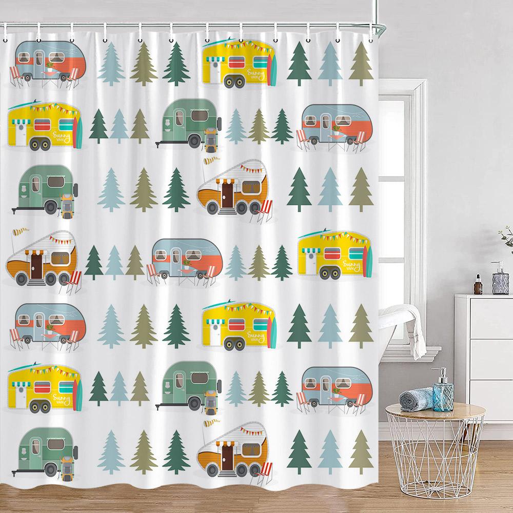 Cartoon Camper Shower Curtains Tree Camping Travel Bus Rv Bathroom Curtain Polyester Fabric Home Decoration With Hooks For Bath