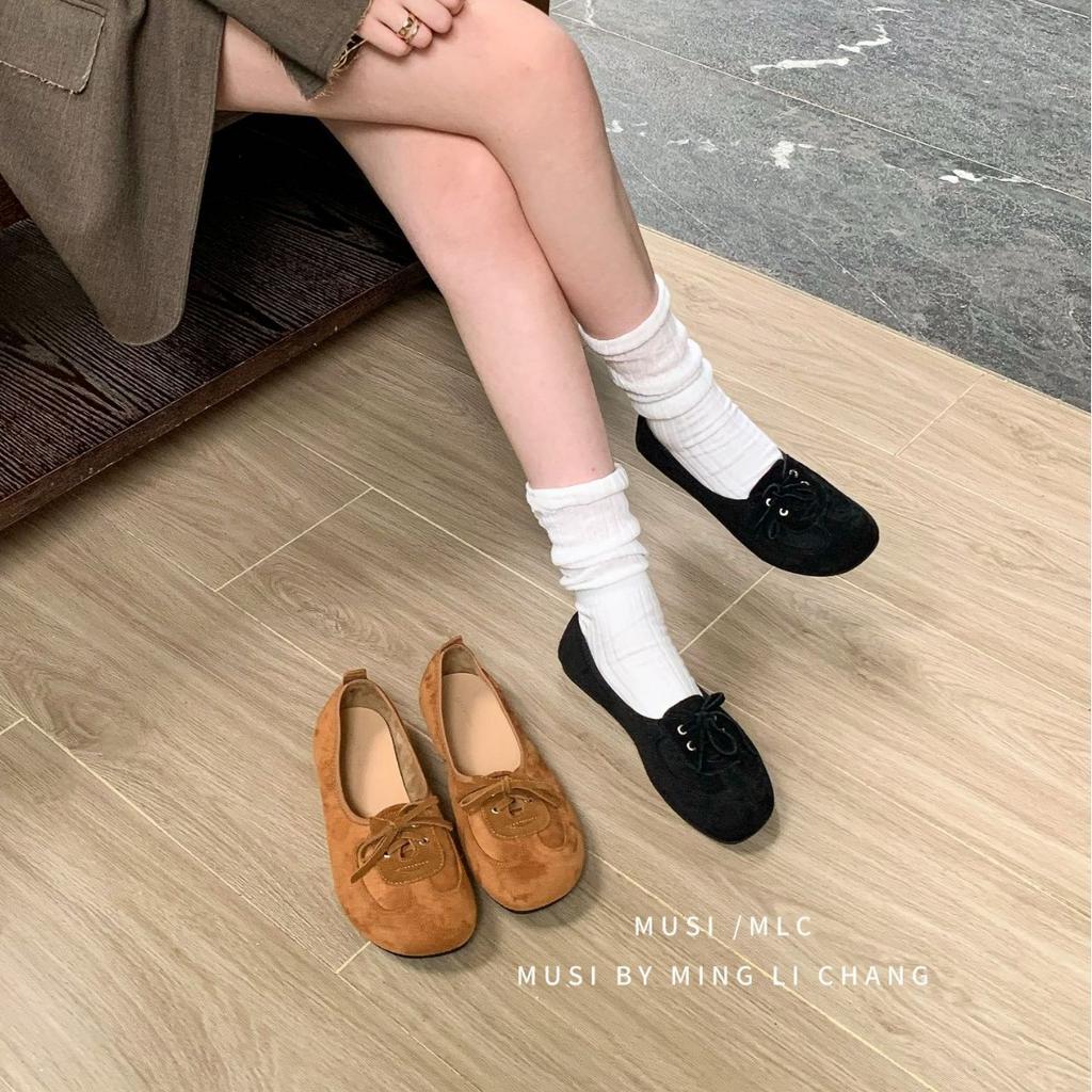 2025 New Retro Camel Round Head Light Mouth Suede Lace-up Soft Flat Bottom Versatile Loafers Niche Women's Shoes