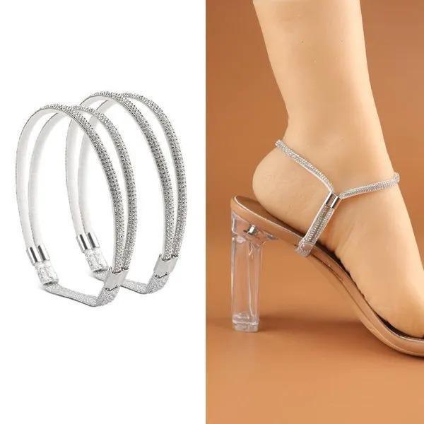 

1 пара женских эластичных ремешков для обуви на высоком каблуке, эластичные ремни для обуви на щиколотке, стразы, нерасшатывающиеся ремни для обуви на высоком каблуке, сменные ремни для щиколотки серебряный