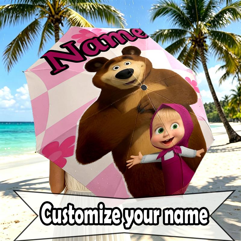 Custom Name Personalized Masha and The Bear Print Umbrella, Auto Open Close, 8‑Rib Sturdy Frame, Commute Camping Hiking Use, Birthday Gift