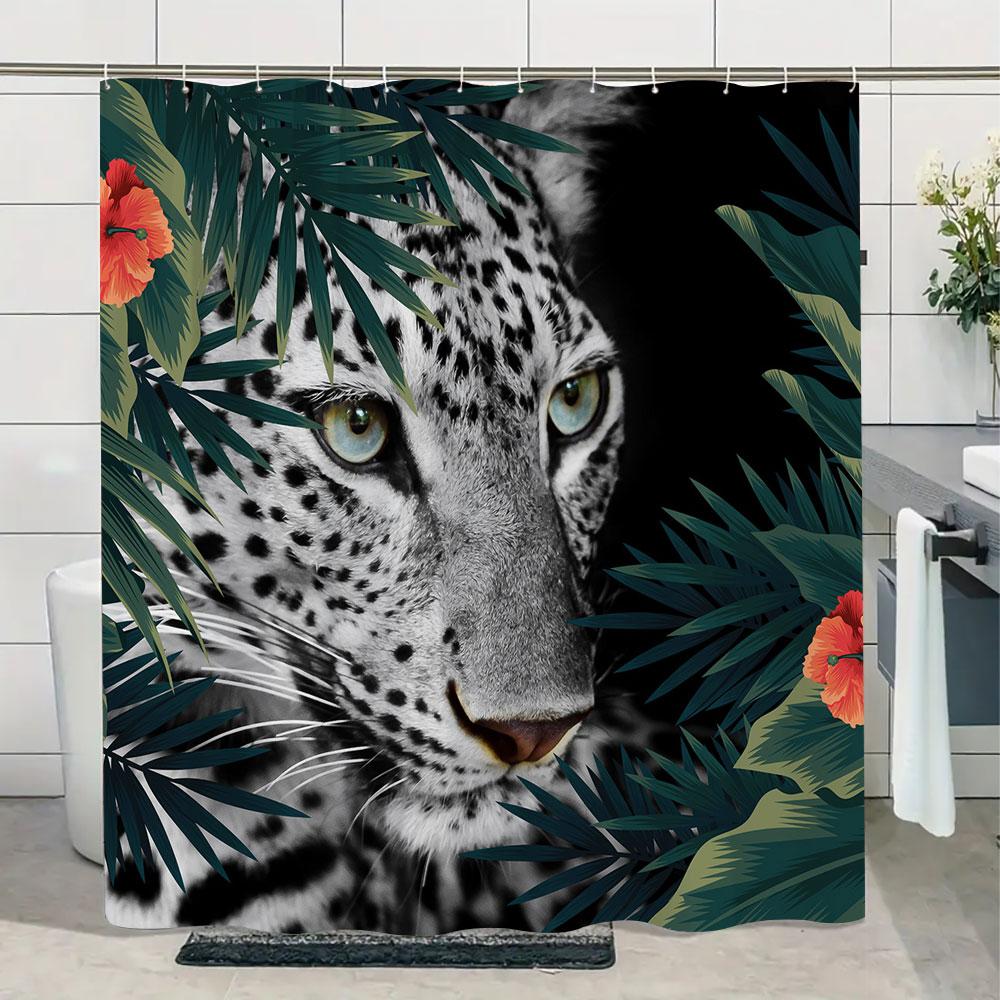 Jungle Wildlife Shower Curtain Tiger Plant Tropical Palm Leaf Polyester Fabric Shower Curtain Bathroom Decoration With Hooks Set