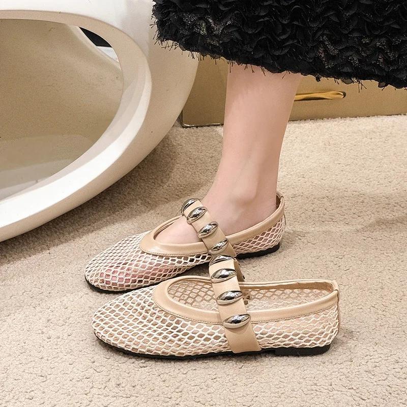 Fashion Fashionable Flat Bottom Ballet Shoes Women's Spring New Hollow out Fishing Net Shoes Buckle Net Ladies Casual Footwear