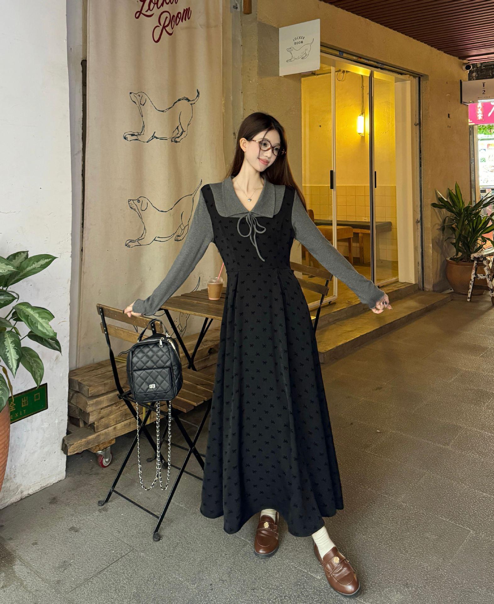 

Plus Size Hepburn Style Two-Piece Knit Dress - Sweet Slimming Long Skirt for Autumn/Winter 2XL серый/чёрный