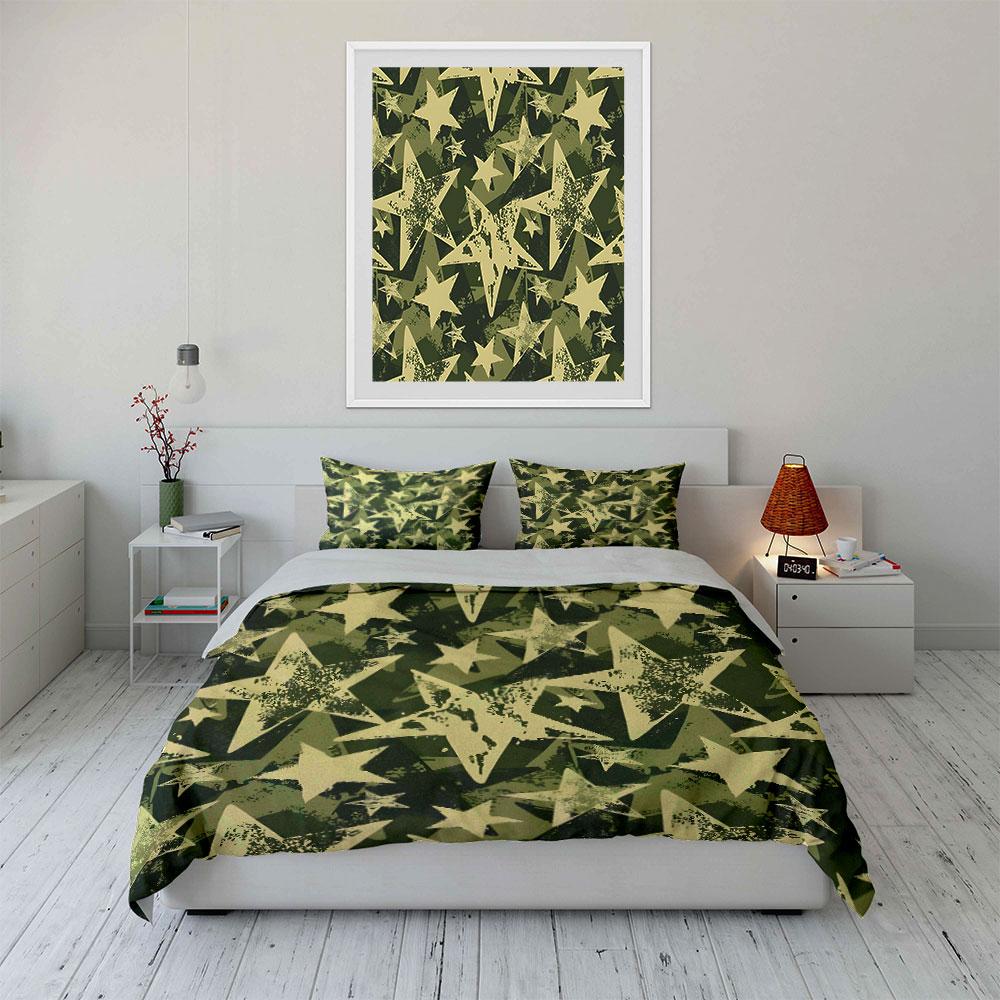 Camouflage Stars Pattern Bedding Duvet Cover Set (1*Duvet Cover 2*Pillowcases, Without Duvet Insert)