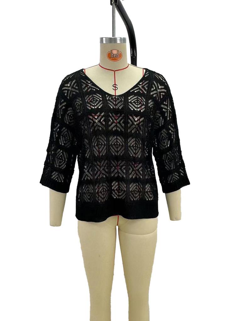 Women's Crochet Beach Sun Protection T-shirt with 7-Point Sleeves