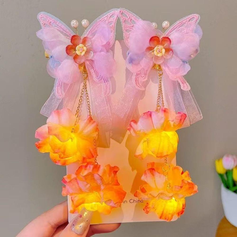 2pcs/set Silk Tassel Hair Clip Luminous Flower Butterfly Hairclips  Children s Use розовый