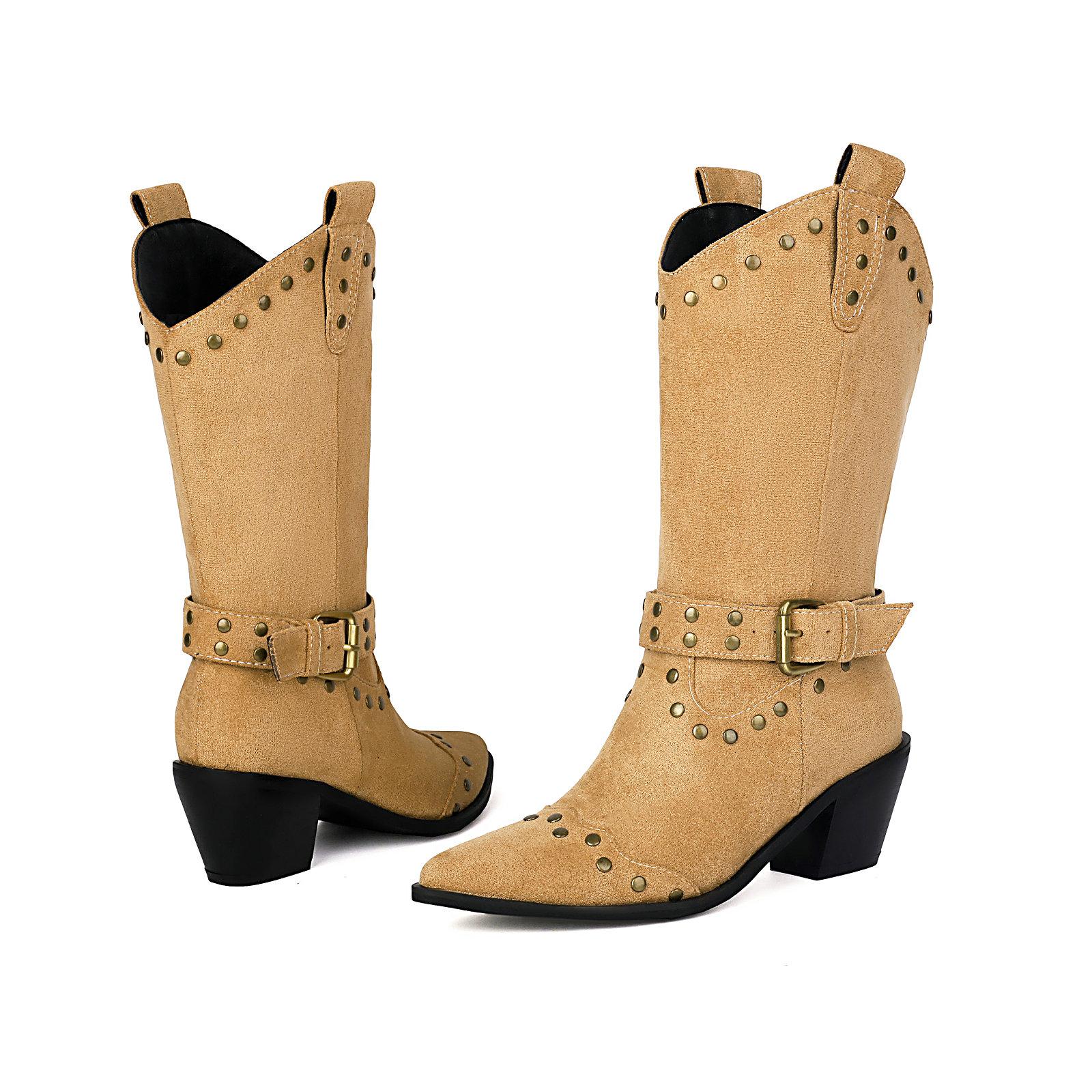 

Cowboy Western Boots Mujer Rivets Women 2024 Cowgirls Boots Heels Mid Calf Flock Shoes 34 абрикосовый