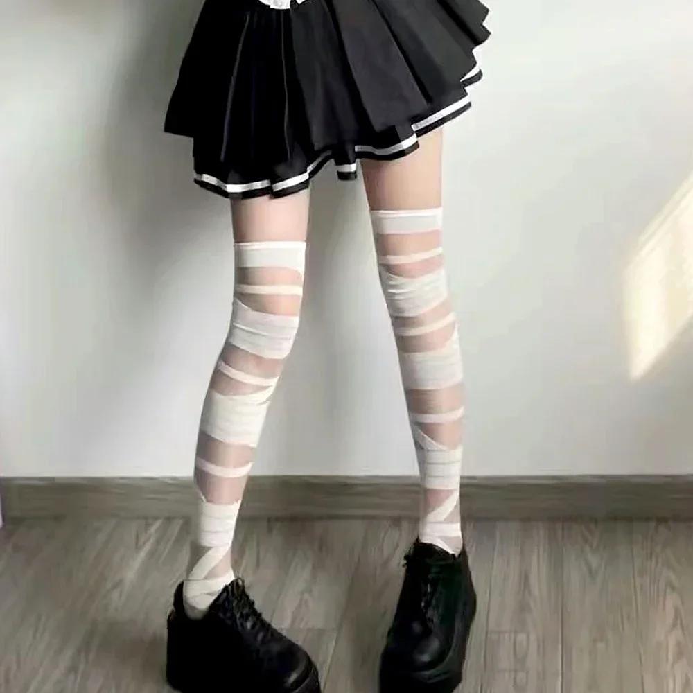 Ultrathin Women Spicy Girl Bandage Stripe Long Stockings Female Japanese Lolita Jk Y2K Sexy Summer Cross Tube White Stockings