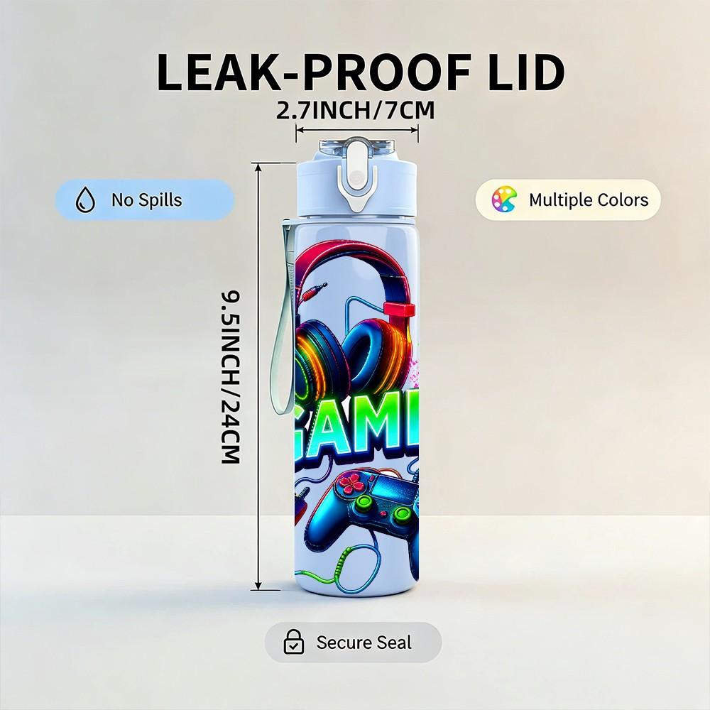 1PC Gamer Headphone Graphic 750ml Color Plastic Sports Water Bottle Leakproof Flip Straw Lid Suitable for Sports Office Home Use