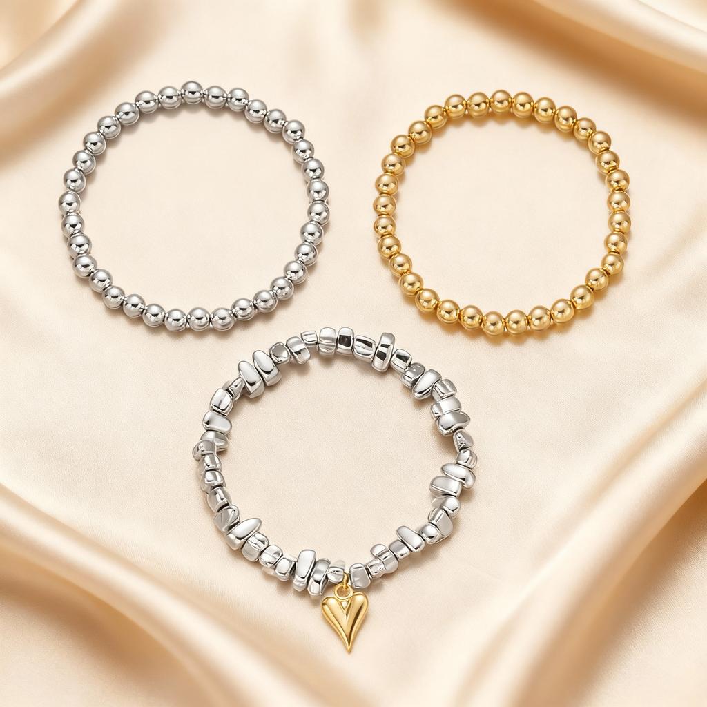 3Pcs/Set Fashion Retro Baroque Bracelet for Women Sweet Heart Pendant Elastic String Irregular CCB Bead Stacked Bracelet Jewelry