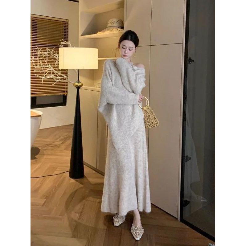 Elegant French 3D Floral Knit Sweater & Midi Skirt Set