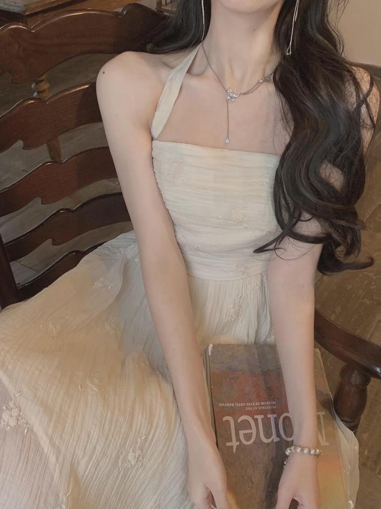 2024 Summer Elegant Halterneck Embroidered Dress for Women - Slimming, Stylish, Long Minority Design