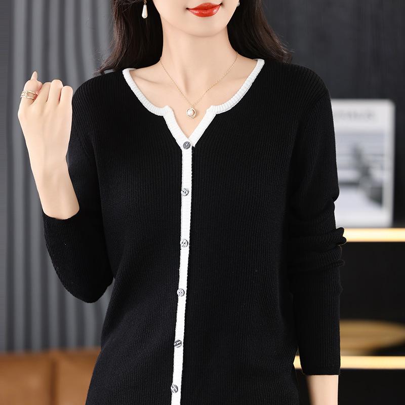 

Кардиган вязаный в стиле колледжа, с цветовой блокировкой, футболка с длинным рукавом, весенне-осенняя женская одежда, новая полоска, облегающий топ-основа XXL чёрный