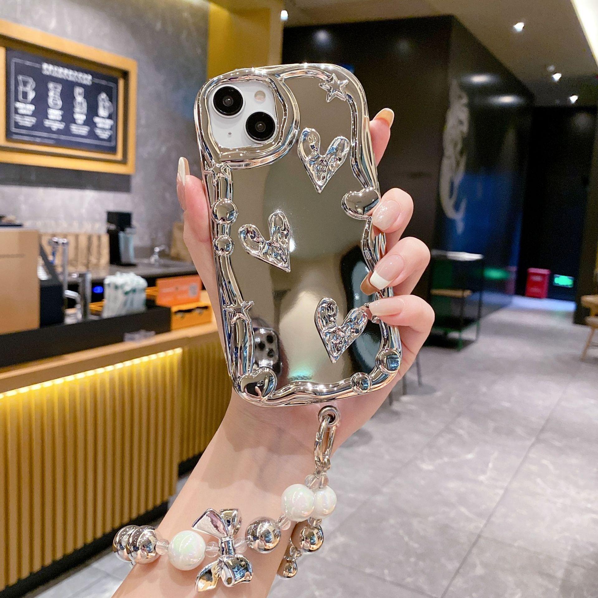 

3D Wave Electroplating for Apple 16PRO Bear Phone Case for IPhone 11 Bead Bracelet TPU Protective Cover Apple 16PROMAX
