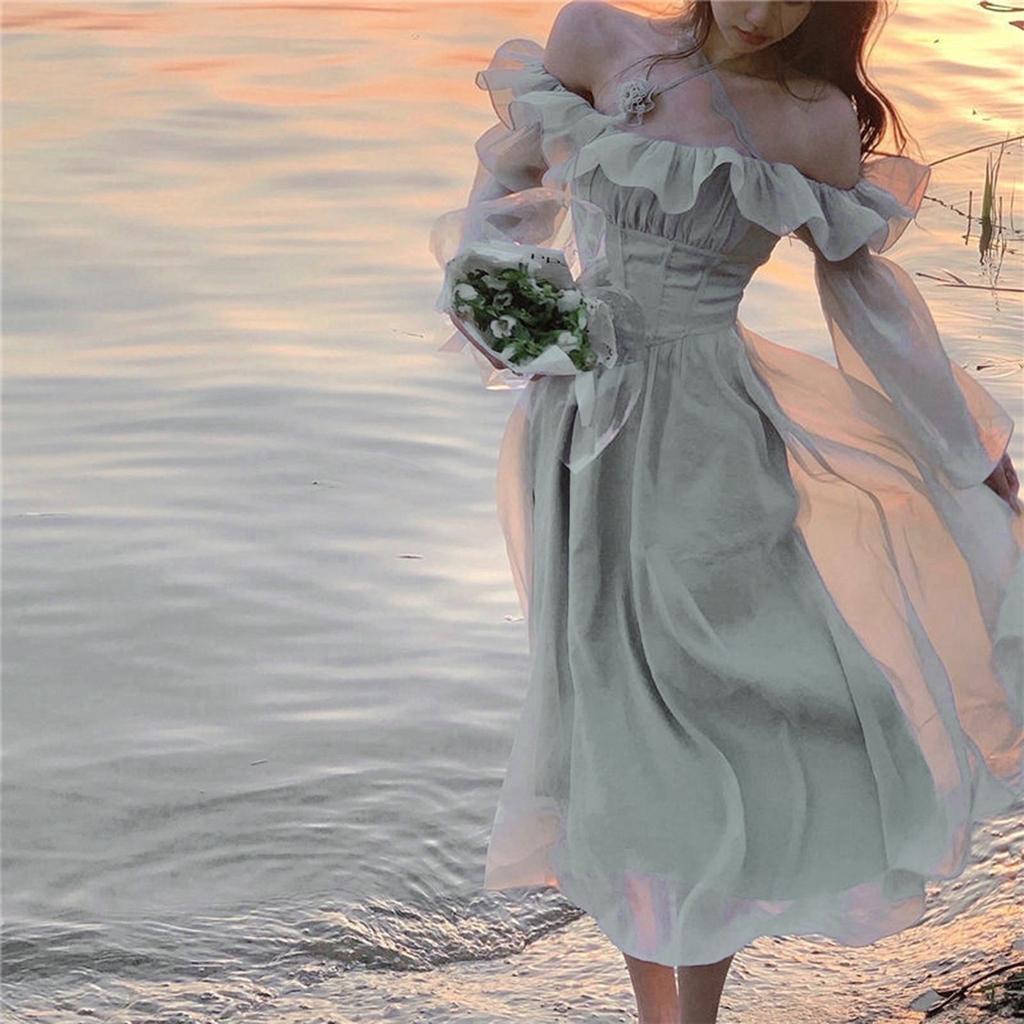 Módní ženy Elegantní francouzské šaty s princeznou s rukávem mimo ramena