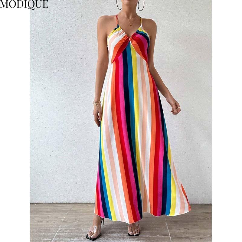 MODIQUE 2025 Sommer Neu Damen Retro Sexy Tiefer V-Ausschnitt Rückenfrei Ärmellos Print Schlitz Slip Langes Kleid Damen Lässig A-Linien-Kleid