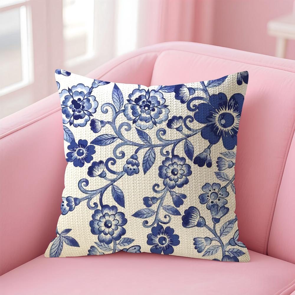 Blue Pattern Hot Cushion Cover Natural Linen Pillow Case DoubleSided Print Decorative Sofa Pillowcase Home Decor Gift