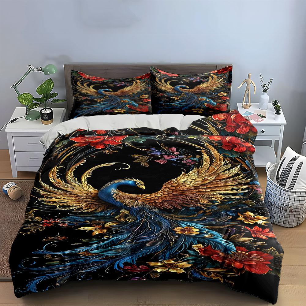 Golden phoenix with flowers. Bedding sets Duvet cover sets Duvet covers Pillowcases(1 * Duvet Cover 2 * Pillowcases without duvet insert)