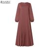 ZANZEA Women Casual O-neck Loose Long Sleeve Pleated Dress