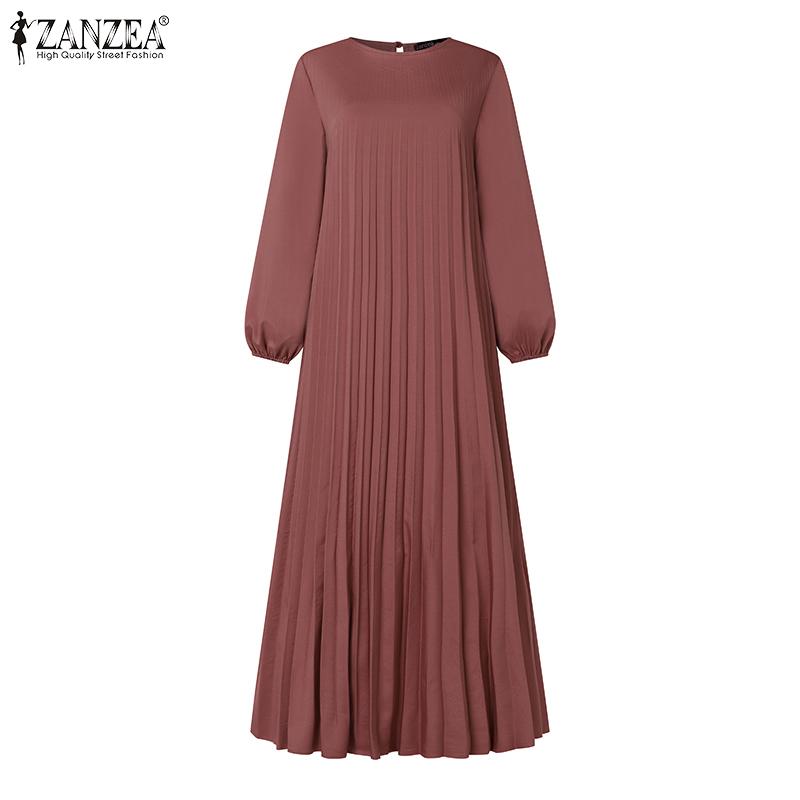 ZANZEA Women Casual O-neck Loose Long Sleeve Pleated Dress