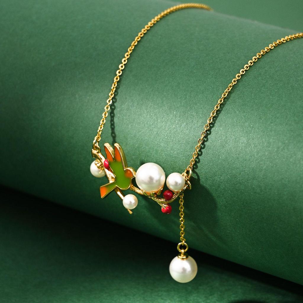Elegant Bird & Berry Cloisonné Enamel Pearl Necklace with Tassel