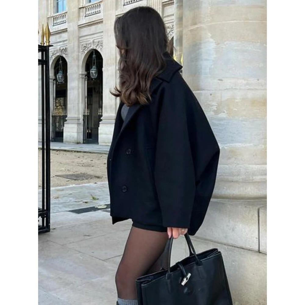 Women's Oblique Button Loose Batwing Sleeve Jacket Coat Lapel Double Pocket Warm Solid Vintage Outerwear Fall Winter Coat