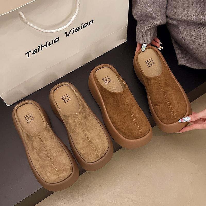 Retro thick-soled bag head and half slippers for women to wear, new spring lazy one-pedal casual height increase