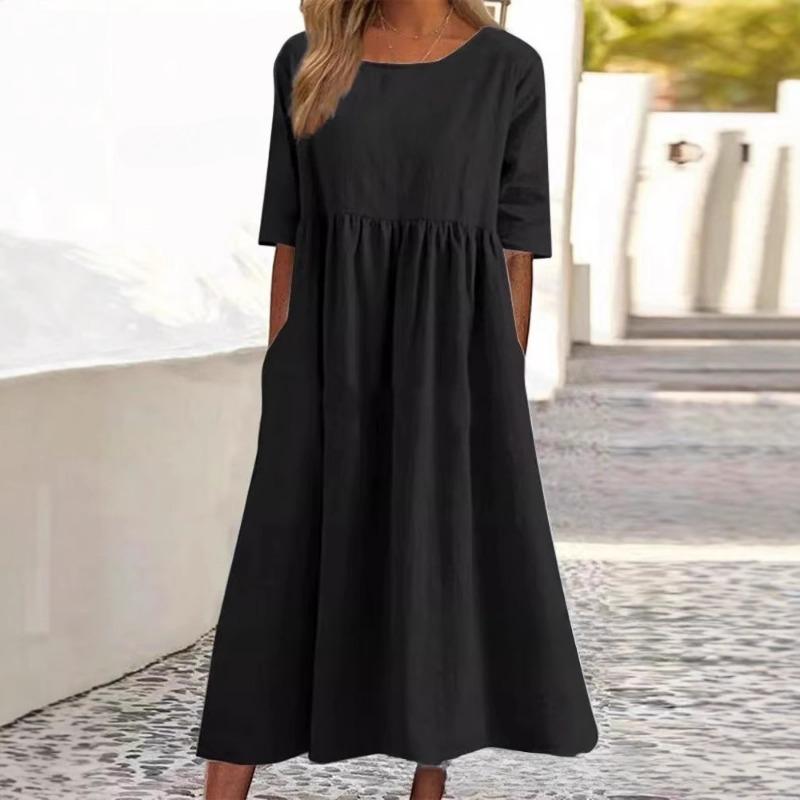 Women's Retro Cotton Linen Linen Patchwork Pleated Mid Sleeve Dress