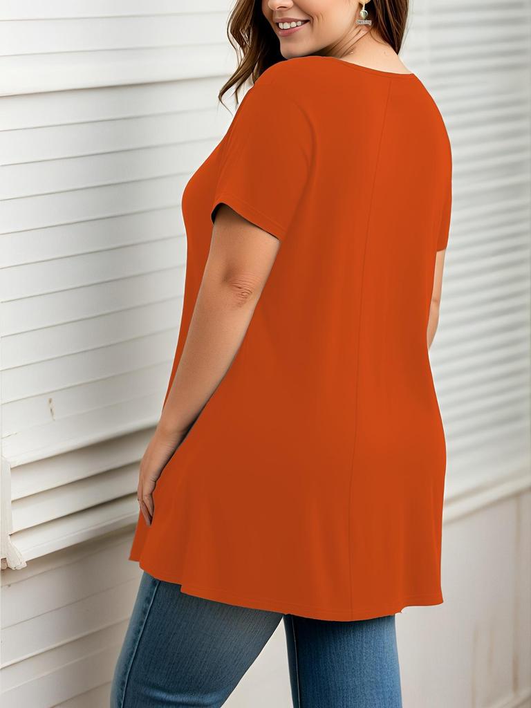 Europejski i Amerykański Damski T-shirt Plus Size Jednolity Kolor Okrągły Dekolt Krótki Rękaw - 2026 Nowy Luźny Model Wyszczuplający