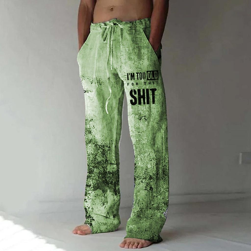 Retro Fashion Printed Men's Casual Pants Beach Men's Loose Casual Men's Pocket Pull Rope Linen  Sports Pants