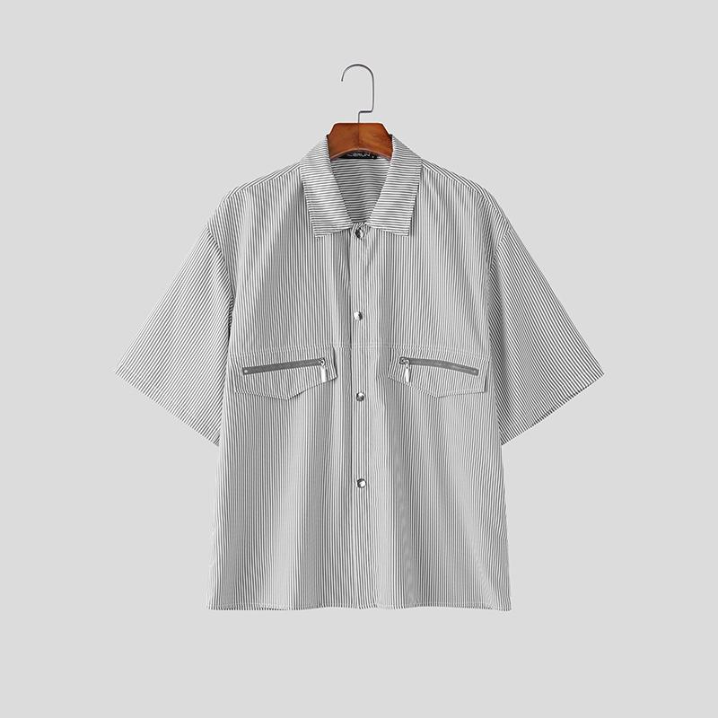 

INCERUN Oversized Men Lapel Neck Short Sleeve Striped Splicing Casual Summer Shirts S чёрный
