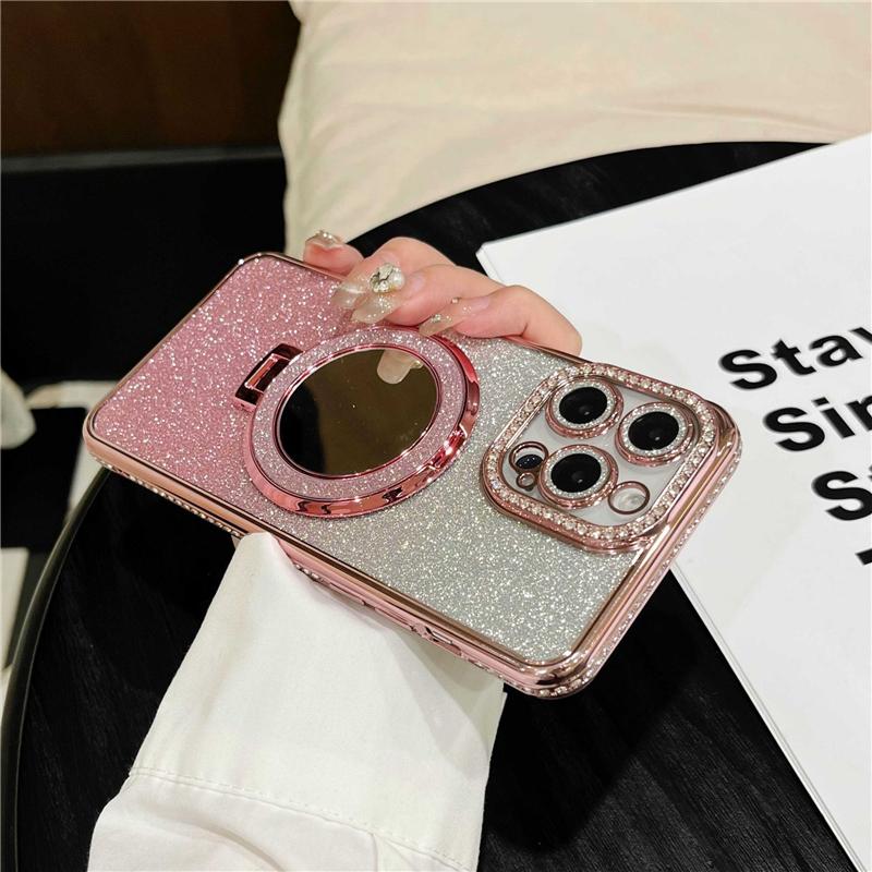 For iPhone 16 Pro Max Luxury Plating Flash Mirror Holder Stand Diamond Frame For iPhone 11 12 13 14 15Plus Lens Protective Cover