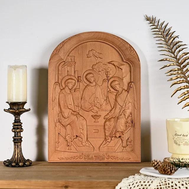 

Religious Catholic Holy Trinity Wood Carving Ornament, Holy Family Home Wall Decor 25cm