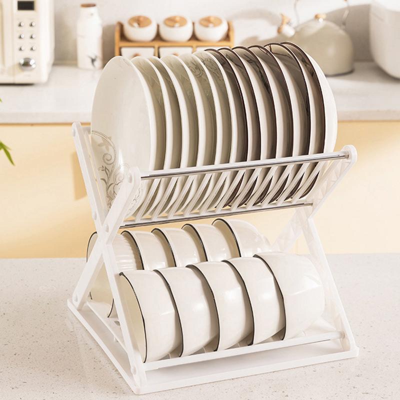 X-Type Plastic Bowl Rack Kitchen Double-Layer Storage Rack Household Bowl Tray Drain Rack Multi-Functional Dish Storage Rack
