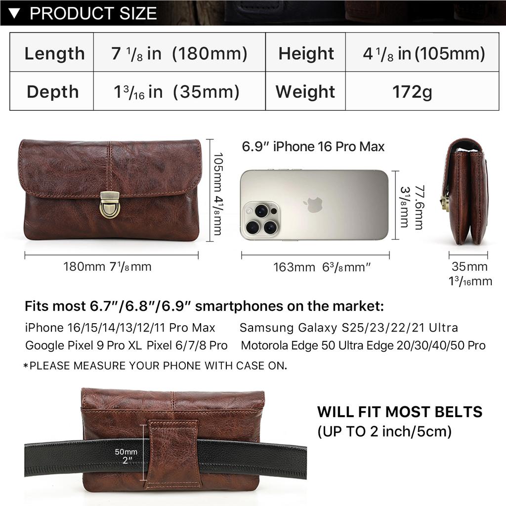Genuine Leather Waist Phone Bag for Men Full Grain Leather Fanny Bag Waist Pack 6.9" Phone Pouch for iPhone 16 17 Pro Max