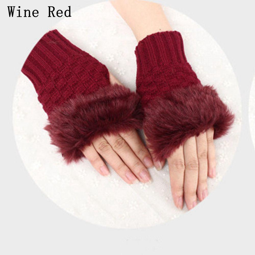 Warm Sheep Wool Knitted Wrist Gloves Exposed Finger Couples Fingerless Mittens Faux Rabbit Fur