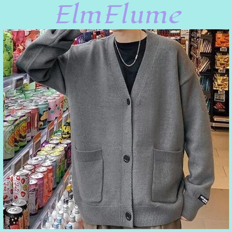 Pockets Man With Clothes Knitted Sweaters For Men Coat Solid Color Plain Jacket Cardigan Icon V Neck Overfit Ugly Korean Fashion