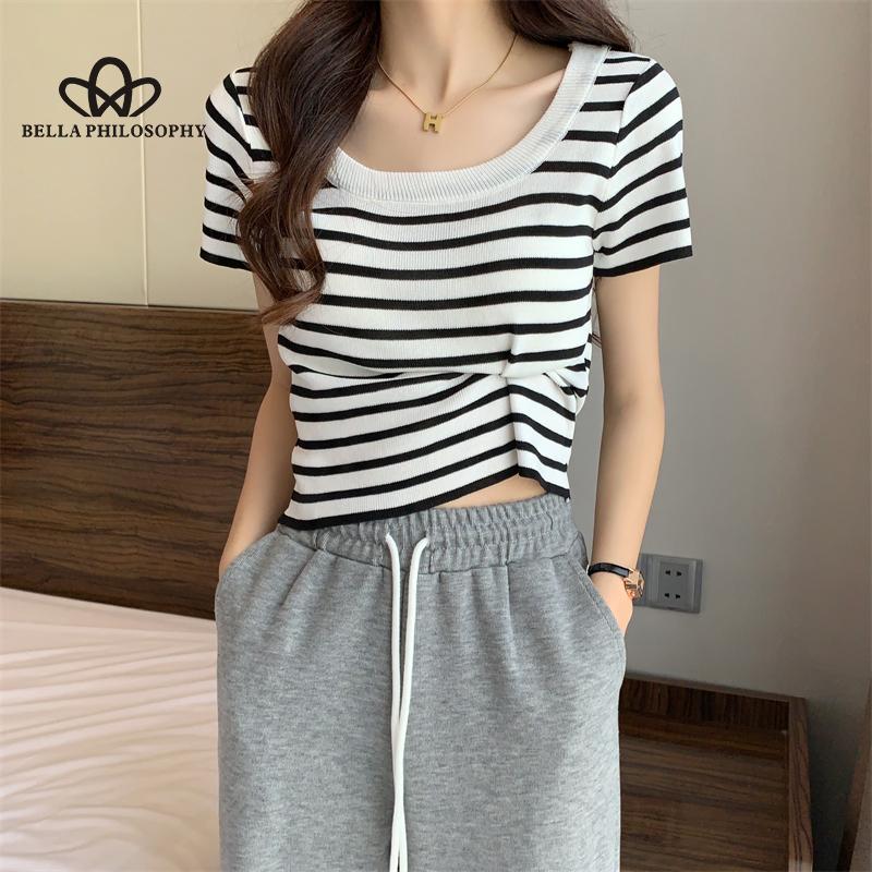 Summer New All-match Striped Square Collar Slim-fit Sweater Short-sleeved Women's Top Fashion Casual T-shirt