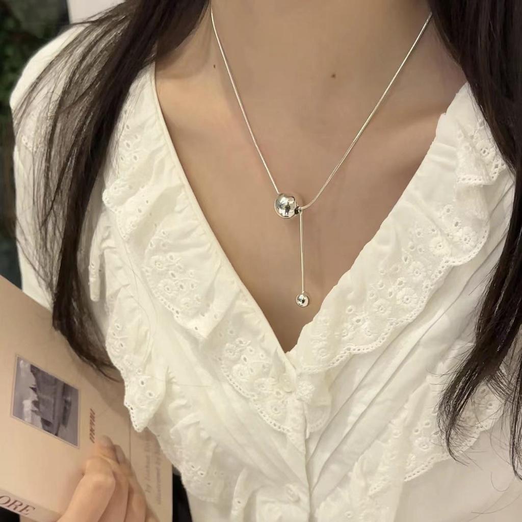 Su Chuang S925 Sterling Silver Round Bead Necklace - Simple Women's Sweater Chain, Ins Style, High-End Niche Design Clavicle Chain
