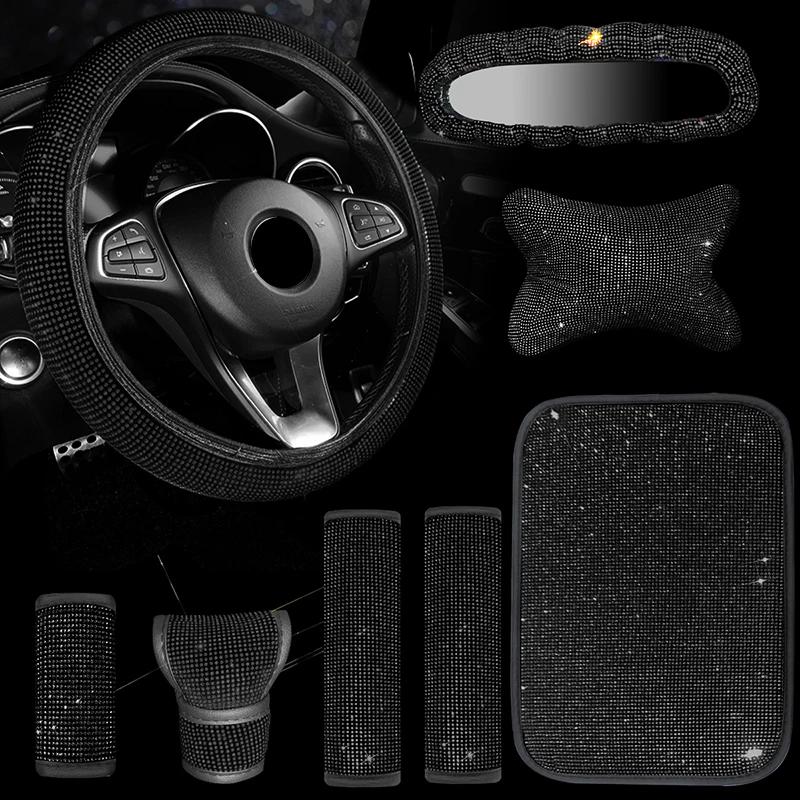 8Pcs Women Car Steering Wheel Cover Armrest Mat Seat Belt Gear Shift Pull Rearview Mirror Cover Headrest Car Accessories Set