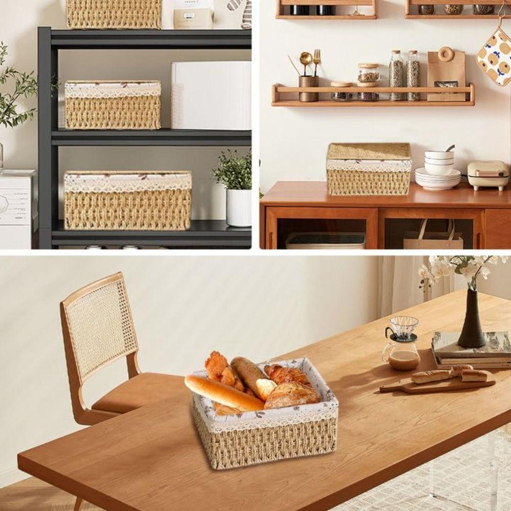 Rustic Hand Woven Wicker Storage Baskets Household Hollow Out Decorative Bins Rectangular Bohemia Laundry Hamper Desk Decoration