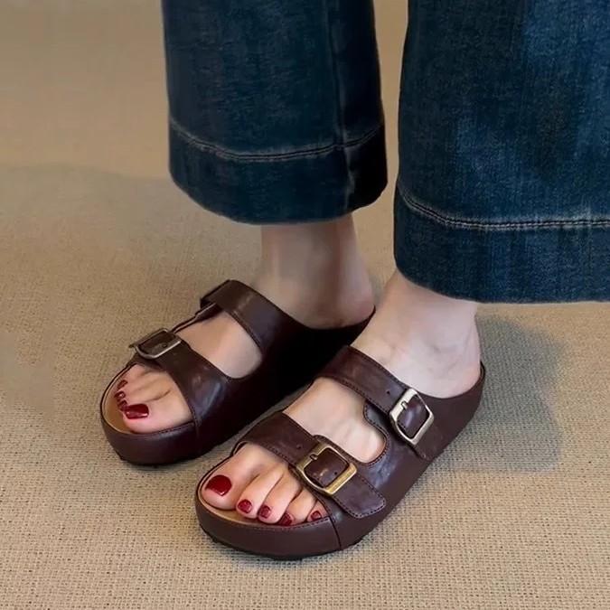 Cowhide version~ retro niche casual belt buckle one-word slippers for women's outer wear 2025 summer thick-bottomed Birkenstock sandals