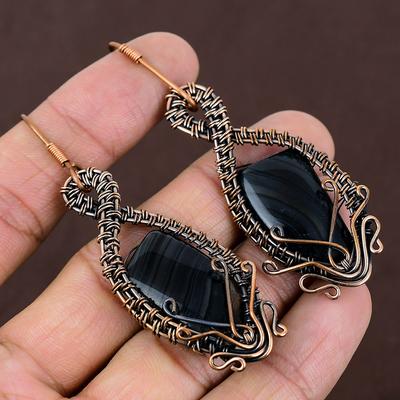 Ágata Rayado Negro Natural Piedra Preciosa Alambre de Cobre Envuelto Regalo Pendiente 2.87 e7C60