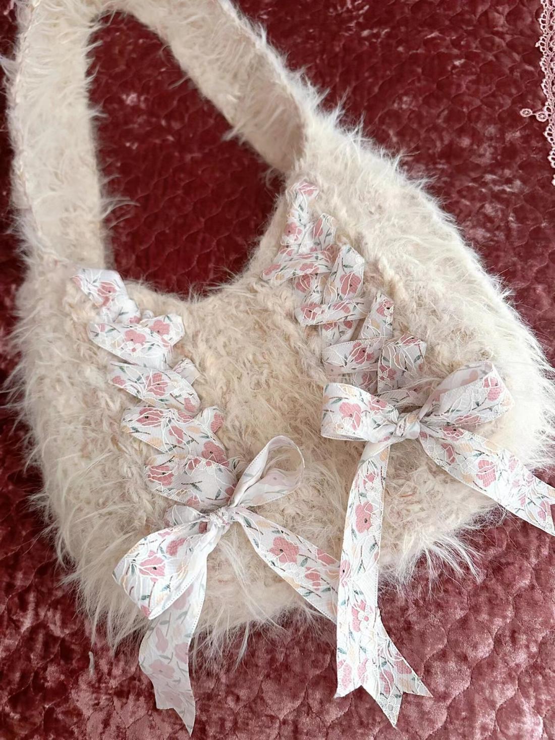 

JIAERDI Fairycore Pink Shoulder Bags Women Sweet Lace Bow Chic Knitted Bag Female Vintage Cute Underarm Bag Handbag Aesthetic бежевый